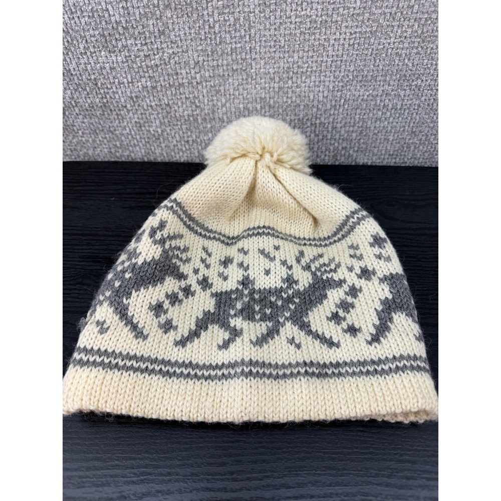 Vintage 70s-80s Dale of Norway Wool Beanie Hat Reindeer Nordic‎ Knit Cream Grey